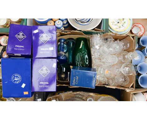 Cut glass - decanter and goblets, tumblers, whisky's, etc; together with Art glass - coloured, Whitefriars type vases, etc an