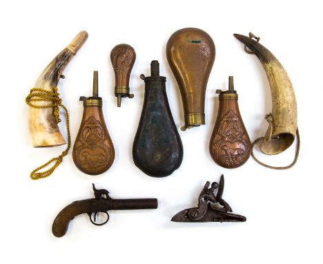 Seven powder flask/powder horns, (Five brass, one being a replica Colt pistol flask) together with a detached flintlock mecha