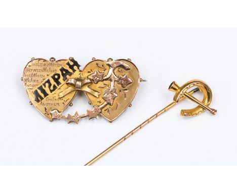 A rose gold Mizpah brooch 9ct gold, a stick pin 9ct gold with horseshoe and horn and a metal stick pin with cabochon garnet s