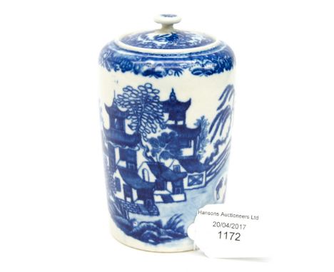A Worcester tea canister and cover in blue and white 'Disguised Numeral Marks' 