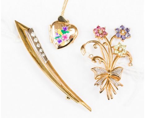 A 9ct gold floral spray brooch set with peridot, sapphire blue stones and pink stones, gross 5.5 grams approx; together with 