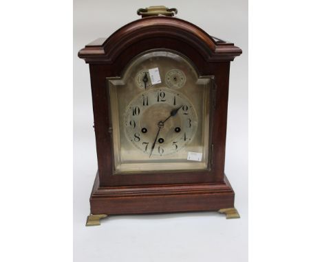 A mahogany bracket clock, silvered dial, Arabic numerals, no key, requires some restoration 