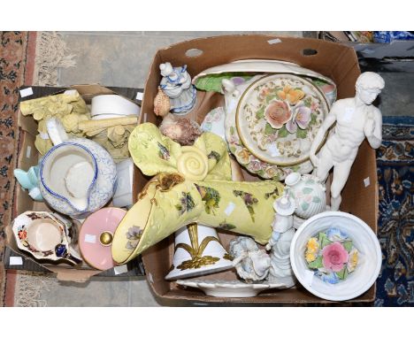 Two boxes of mixed ceramics to include Poole sponge ware jug, Masons Ironstone jug, Sylvac Rabbit, Capo di Monte tureen and c