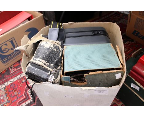 A cased Polaroid camera, a Fujifilm Video camera and case, a Pathescope home cinema and three 9mm films and a Ensign, leather
