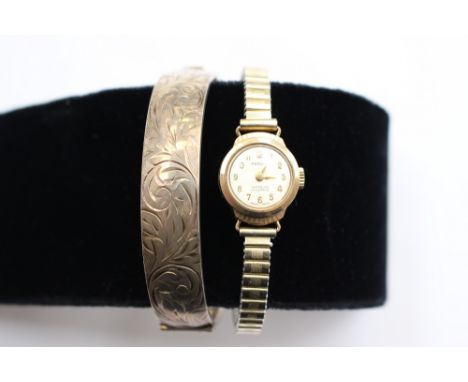 A 9ct gold Perona ladies wristwatch; together with a silver bangle 
