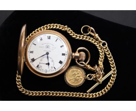 A gold plated gentlemen's pocket watch retailed by Thomas Russell of Liverpool with white enamel dial, Roman numerals, Arabic