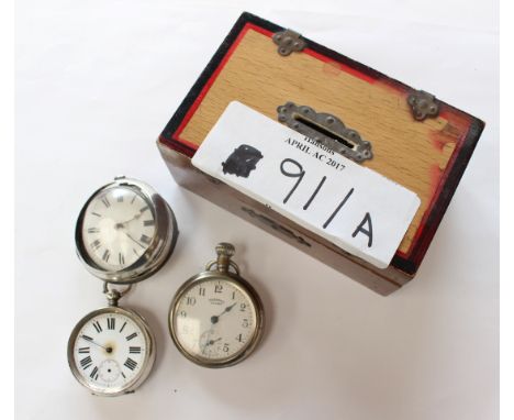 Three various silver watches, including one plated (af) in a vintage money box 