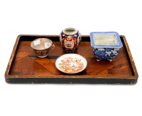 A Japanese 1920s lacquer tray, together with a pearl ware, circa 1910-20 chinoisene  coffee cup and saucer, a Chinese 19th ce