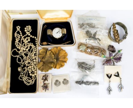 An 18ct gold ladies Denco wristwatch with flexible 9ct gold wrist strap with two further wristwatches and a group of costume 