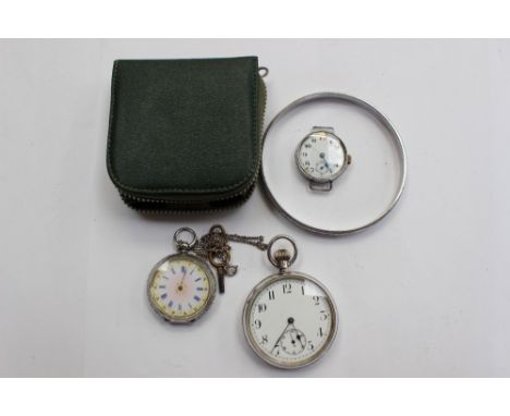 A silver pocket watch with white enamel dial and black Arabic numerals (hairline cracks to face) a silver fob watch, pink and