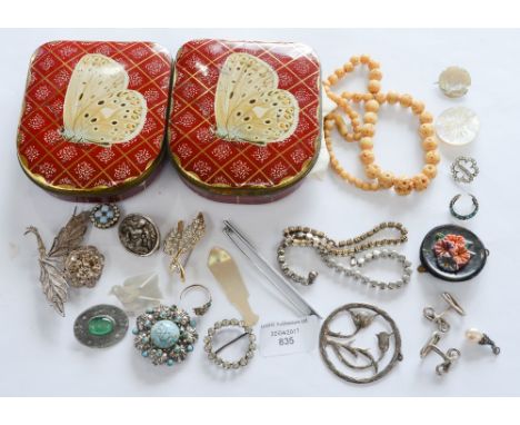 Two vintage Edward Sharp tins with vintage silver, paste, mother of pearl, turquoise and pearl jewellery (af) silver cuff lin