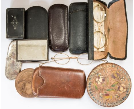 Rolled gold framed vintage spectacles, with cases, a silver plated case, a snuff box, treen, etc, leather cigar case 