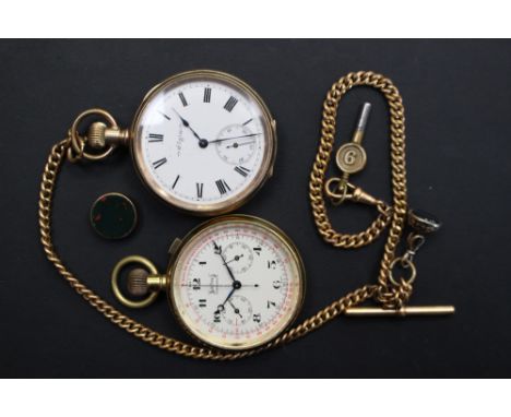 An Elgin rolled gold pocket watch and Albert chain, subsidiary dial, a 9ct gold surround hardstone fob seal (af) together wit