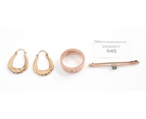 A pair of 9ct gold hoop earrings, gross weight approx 1.8gms gross, a 9ct rose gold bar brooch with stone and a 9ct ring set 