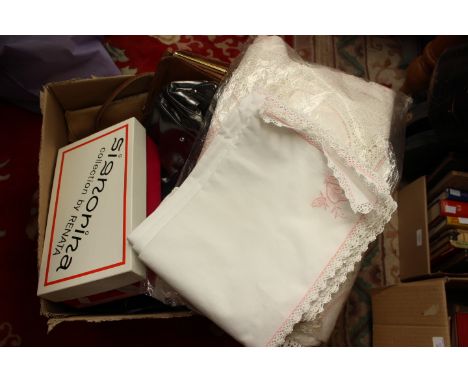 A collection of handbags, boxed vintage shoes, linen, etc (one box) 