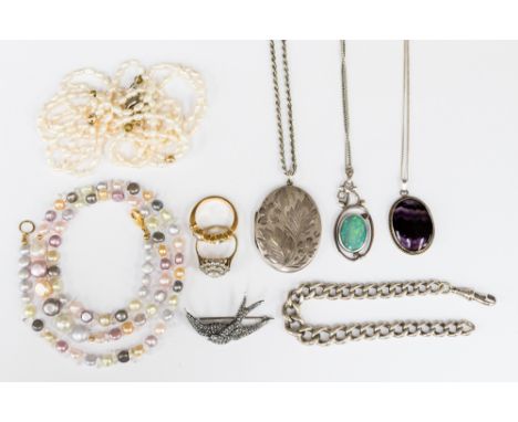 A Blue John pendant, two freshwater pearl necklaces, silver curb link bracelet, etc, cluster dress ring set cz (9) 