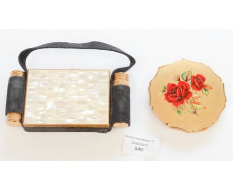 A Kigu boxed and cased evening bag/compact in mother of pearl and gilt metal with a Stratton powder compact (2) 