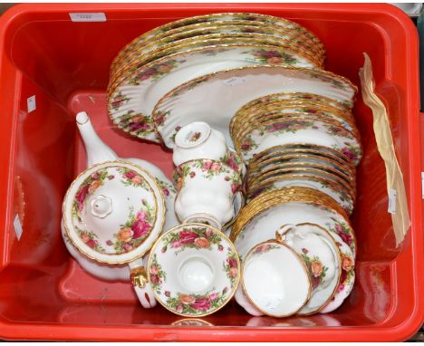 A box of Royal Albert 'Old Country Roses' part tea service, including teapot, cake plate, etc 