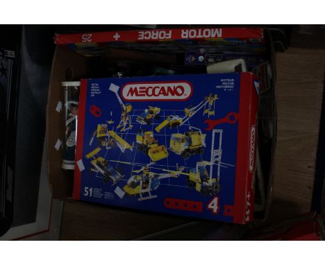 A box of assorted tools, some boxed including vehicles dolls etc, inc. Meccano