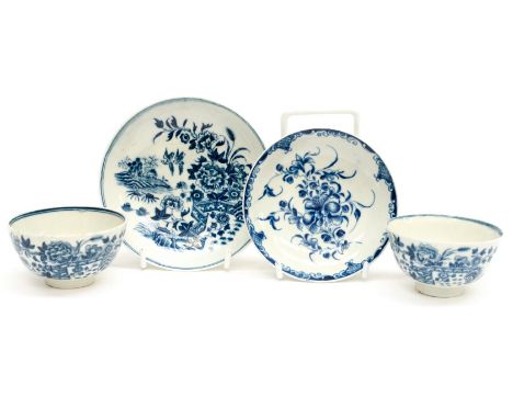 Worcester porcelain tea bowl and saucer, fence pattern, together with another tea bowl in the same design and a floral saucer