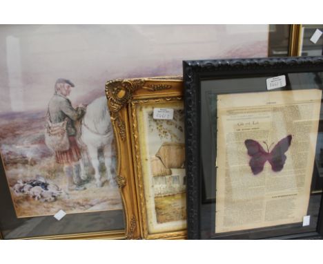 A Decoupage by M.W. Hawking B.G.A. with hand painting edition, a French print (butterfly on newsprint) signed Cuessie, a limi