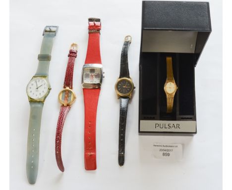 A Swatch watch, Anne Klein chronograph, a Pulrsar quartz watch and two others 