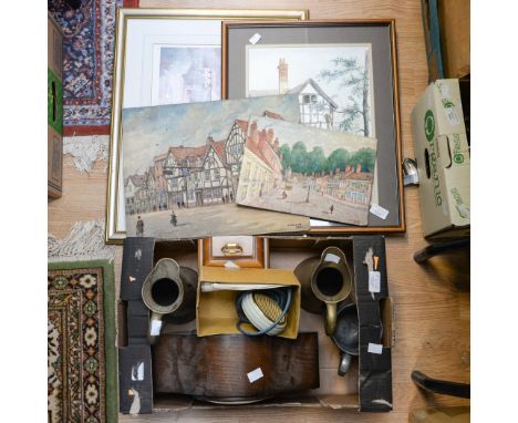 Two watercolours on board, unframed, by G. Hollins, dated, together with two clocks, a musical box, brass jugs and pewter, pr
