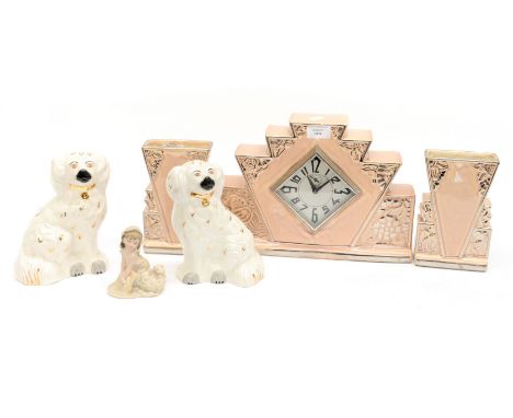 Ceramic Art Deco mantle clock along with pair of Beswick dogs and Capi De Monte figure