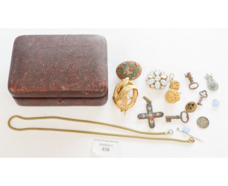 A pinchbeck brooch, a micromosaic brooch front and cross 19th century silver 3d, and a mourning collar stud with black enamel