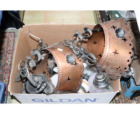 Copper and wrought iron handing light, to include French style ceramic external lamp etc