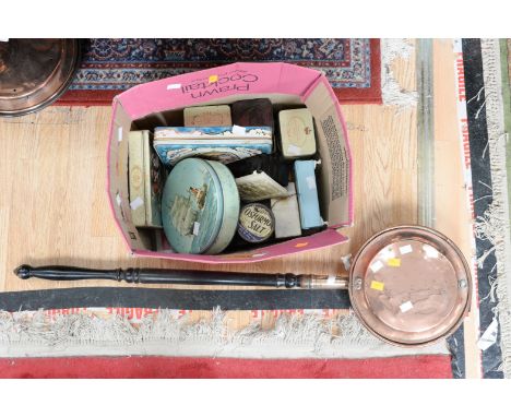 A solitaire game with marbles; together with vintage tins and boxes, etc and a copper warming pan 