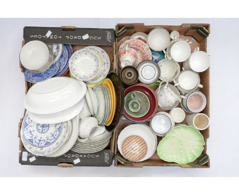 Two boxes of assorted ceramics to include Spode Blue Italian, Carlton ware, Denby 19th century, liqueur cup, chamber stick et