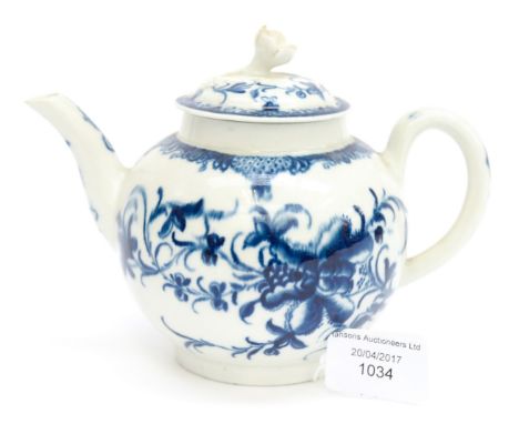 A Worcester porcelain blue and white cannon ball teapot, circa 1760, lily design