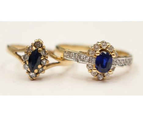 An 18ct gold ring with white and blue stones, size R along with a 9ct gold, sapphire and white  stone ring, size K with a com