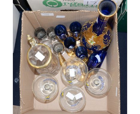 A Venetian glass decanter and stopper; five glass (6th has had a previous repair)l a 19th century cut glass stein with brass 