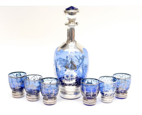 Blue glass decanter and six glasses, Venetian, early 20th Century 