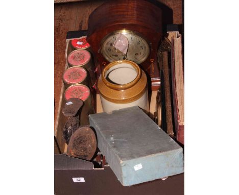 Edwardian inlaid mantel clock, brass skimmer, old joiners plane, last, etc.