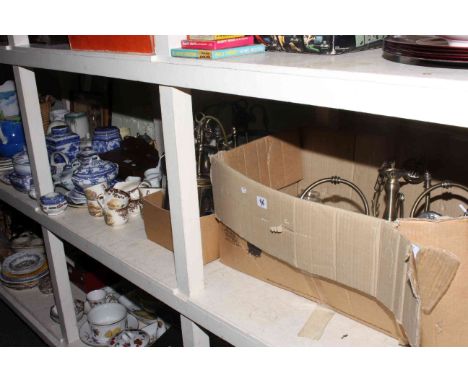 Blue and white china, candle box, light fittings, china, pictures, etc.