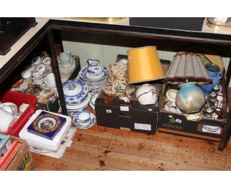 Four boxes and loose china including Cauldon blue and white service china, Royal Grafton 'Malvern' tea china, table lamps, co