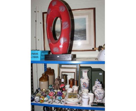 Two Stoneware bottles, large pottery sculpture, prints, miners lamp, three Masons 'Topaz Blue' vases boxed, glass paperweight