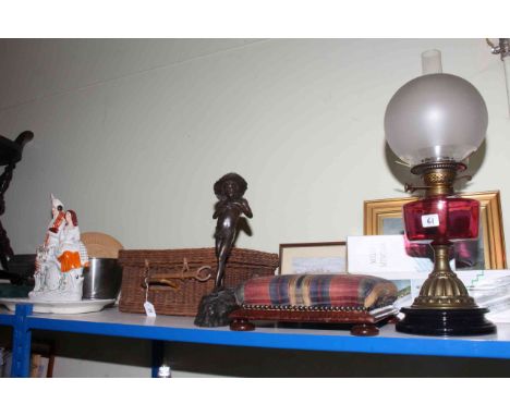 Brass oil lamp with ruby reservoir, Staffordshire group, picnic hamper, fish poacher, bronzed figure, footstool, etc.