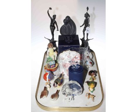Tray lot with ornaments including Worcester Friday's Child, Copenhagen mouse, Royal Crown Derby paperweights, birds, etc.
