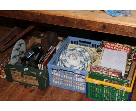 Three boxes with books, libretto music, Lancaster bomber compass and related items, china, glass, etc.