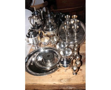 Silver plate tea and coffee service, trays, goblets, etc.
