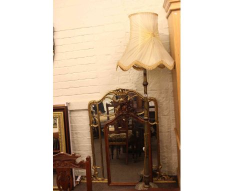 Painted wood standard lamp and silk shade, ornate gilt framed overmantel mirror and French style oak mirror.