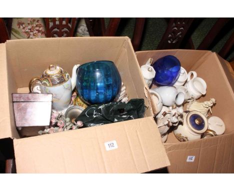 Two boxes of china, rosewood tea caddy, mahogany piano stool, etc.