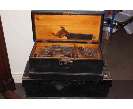 Two vintage pine tool boxes and assorted tools