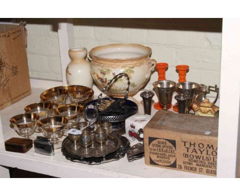 Pair of Thomas Taylor wood bowls, glass fruit set, Crown Ducal bowl, Devon ware vase, metalware, etc.