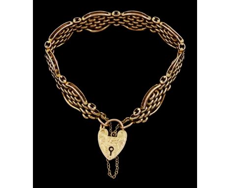 9ct rose gold fancy gate link bracelet, with padlock clasp, Birmingham 1968Condition Report:Approx 26.35gm, length = 18.5cm, 
