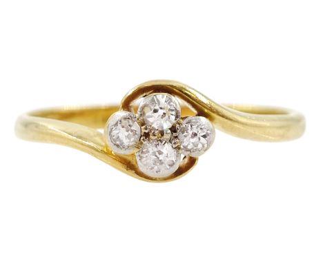 Gold four stone old cut diamond ring, stamped 18ct PlatCondition Report:Approx 2.65gm, size R-S, diamonds bright, each approx